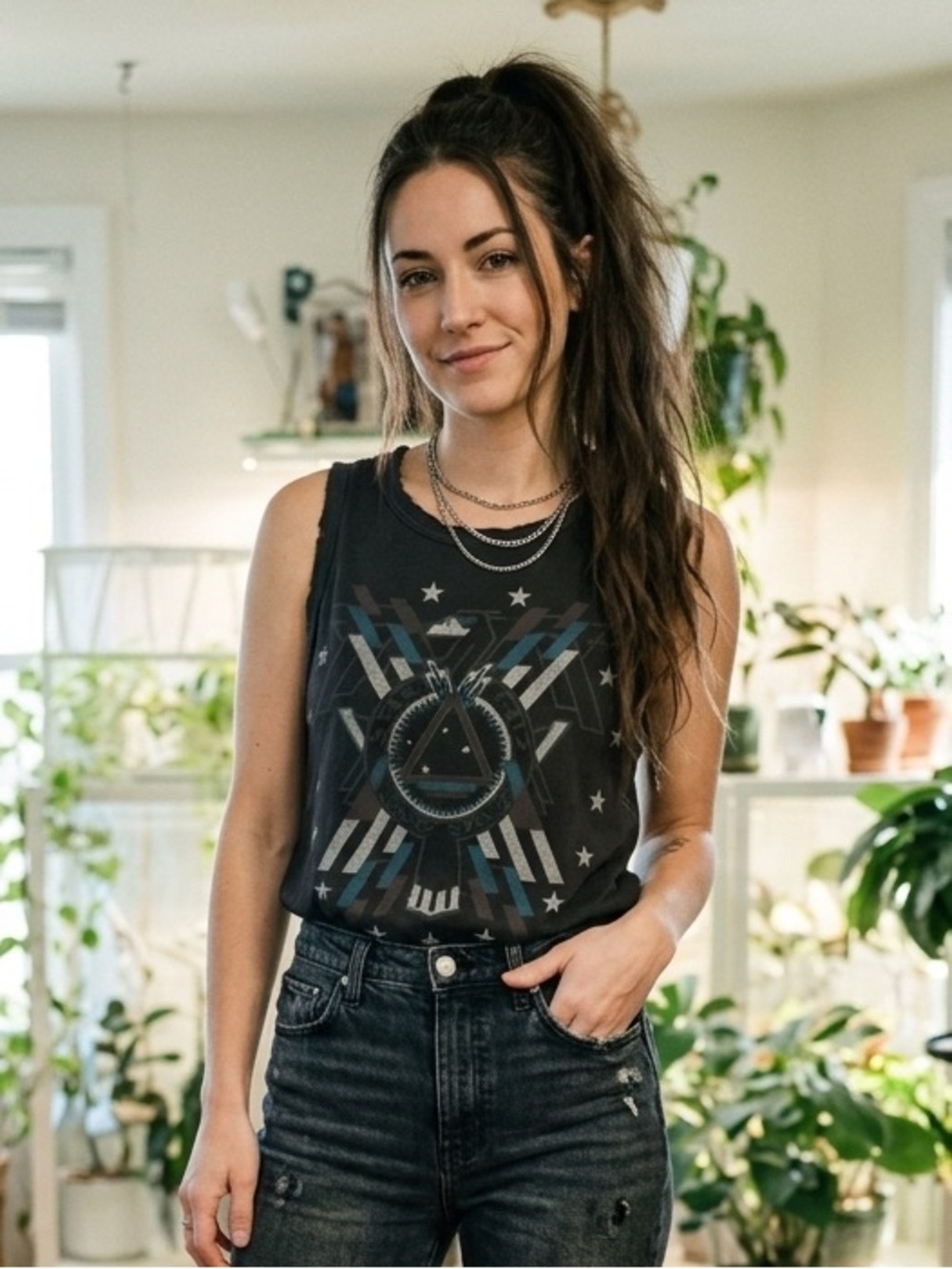 Current/Elliott Black Graphic Tank Top with Geometric Print